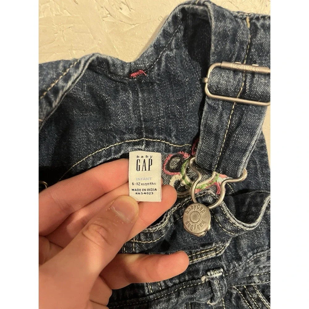 VINTAGE BABY GAP Girls Y2K Embroidered Denim‎ Overalls 6–12M Floral Cottagecore